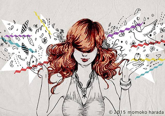 手からいろいろなものを出すドレス姿の手品師のイラスト